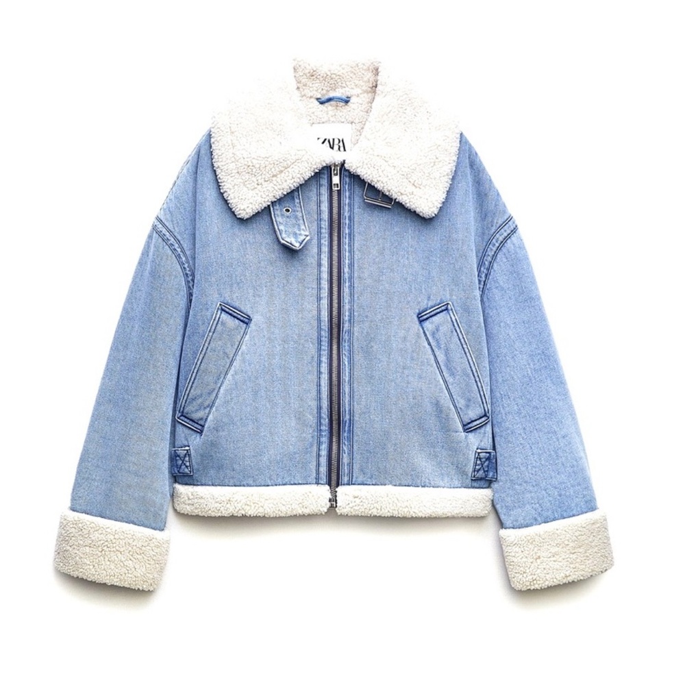 Zara Faux Shearling Denim Biker Jacket 3548/250